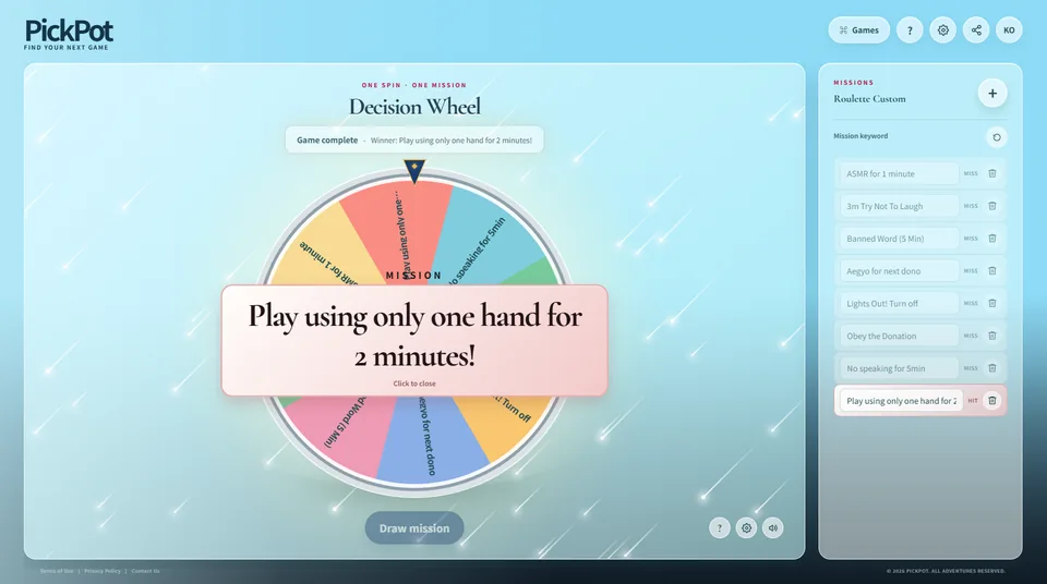 Mission Roulette result